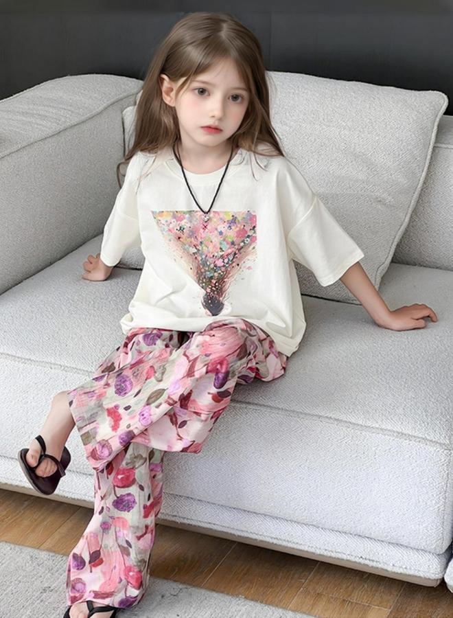 Take Two Girls Graphic Print T-Shirt And Wide Leg Pants Set - Image 3